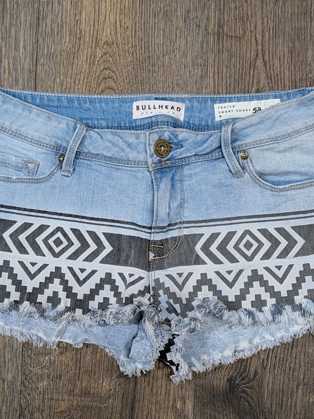 Bullhead Light Blue Denim Shorts with Black Tribal Pattern